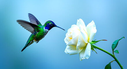 Fototapeta premium A vibrant green hummingbird with iridescent feathers hovers mid air as it drinks nectar from a delicate white rose in soft blue light