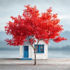 Tiny white house with vibrant red maple tree