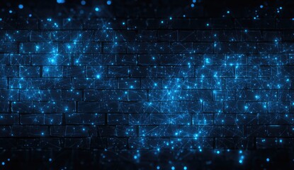 Dark brick wall illuminated with glowing blue network