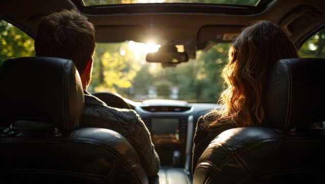 Couple in a car, sunset view - Powered by Adobe