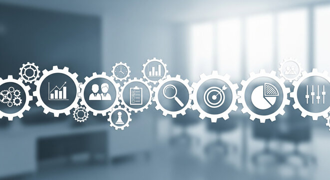 Digital gears with business icons - Powered by Adobe