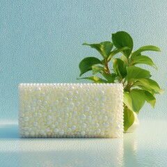 Off-white beaded clutch, light teal background