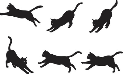 Black cat silhouettes, leaping, running, walking, stretching, crouching, dynamic feline poses, pet illustration, animal movement, vector art, white background