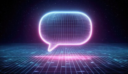 Retro-futuristic speech bubble graphic on digital grid