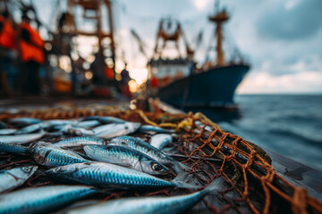 Freshly caught fish on a fishing boat at sea workers unloading the nets a large vessel in the background