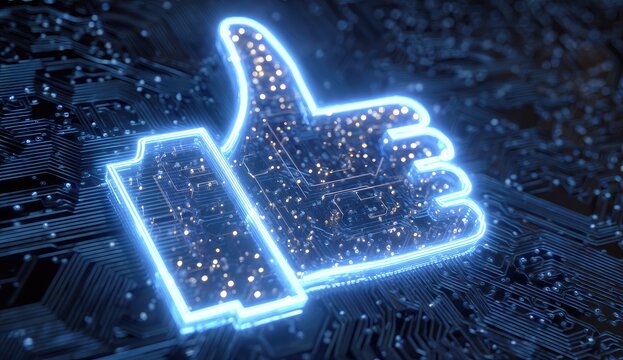 Glowing thumbs-up icon on a circuit board - Powered by Adobe