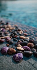 Seashells and pebbles by a pool