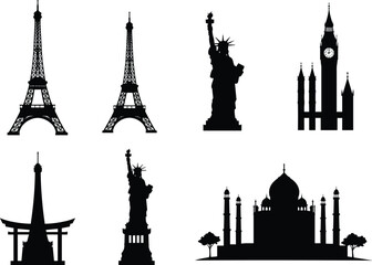 Obraz premium World landmark silhouettes, Eiffel Tower, Statue of Liberty, Big Ben, Tokyo Tower, Torii gate, Taj Mahal, vector art, travel illustration