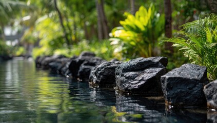 Calm water reflecting lush greenery, lined by dark rocks