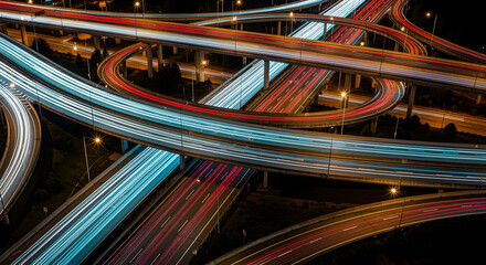 Aerial View of Highway Interchange at Night with Motion Blurred Lights in Dark Background