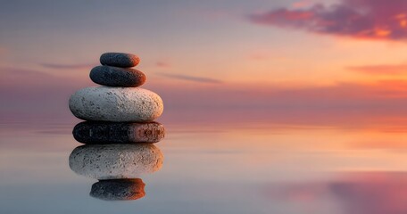Perfectly balanced zen stones (cairn) in serene water reflecting a beautiful sunset sky. Harmony, meditation, and peace in nature concept.