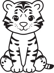 An illustration of a cute, baby wild cat with an orange and striped feline fur like a tiger cub on a safari