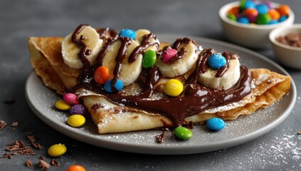 Chocolate-drizzled crepe with banana slices and colorful candy