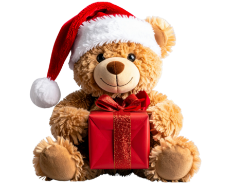 Realistic Teddy Bear Wearing Santa Hat with Christmas Gifts, front view, isolated on transparent background