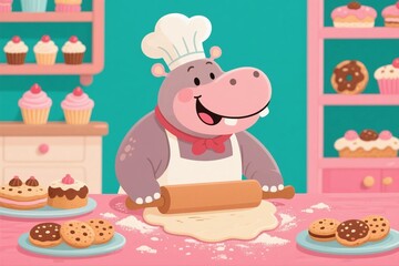 Naklejka premium Hippo Baker with Rolling Pin