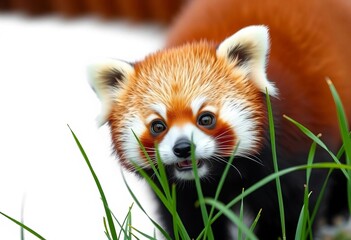 Fototapeta premium Adorable red panda, brown eyes, green grass, playful gaze, white background, adorable red panda, animal