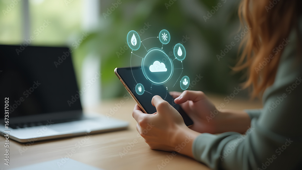 Poster close up of a person s hands holding a smartphone with a glowing cloud computing icon and interconne