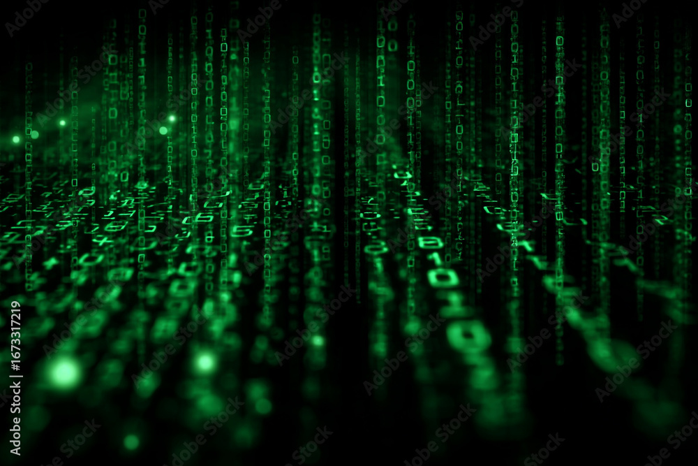 Poster green digital rain falling on a dark background binary code technology data stream