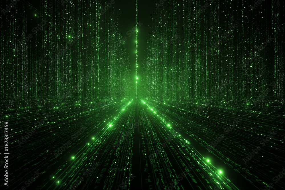 Poster green digital rain falling in a dark space creating a futuristic path