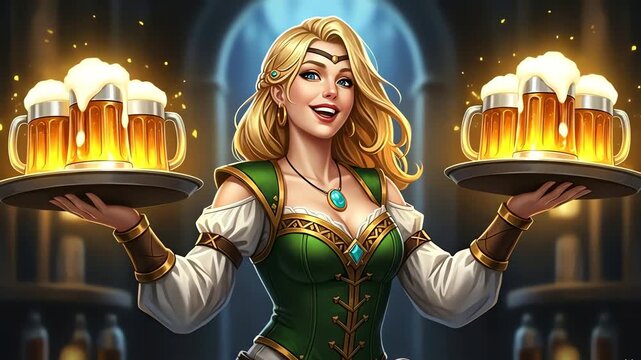 Joyful Blonde Tavern Maiden Serving Beer in a Dark Fantasy Setting