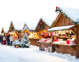 Winter Christmas Market PNG – Cozy Holiday Shopping Stands Transparent Background