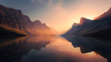 Naklejka premium Majestic mountain lake with stunning reflections at sunrise or sunset. Epic nature landscape, serene wilderness, and adventure travel concept.