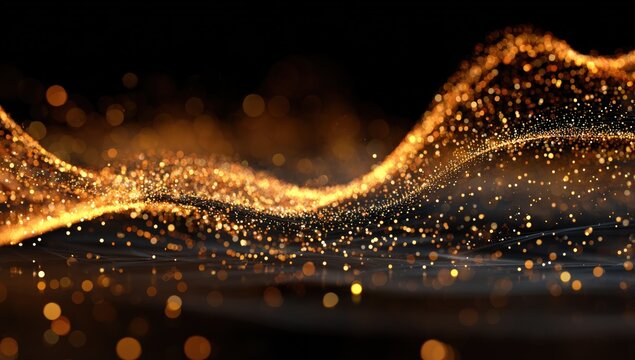 Abstract gold particles flowing over dark background
