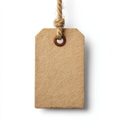 Simple blank tag hangs from a piece of twine, perfect for labeling items or crafting. The tag has a rustic appearance with a natural color and texture.