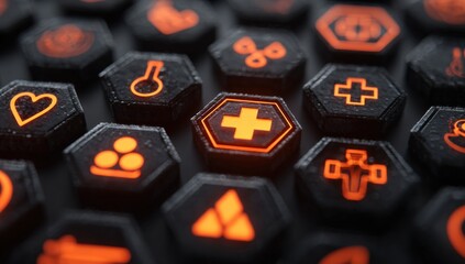 Abstract medical icons in a hexagonal grid