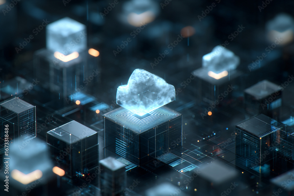 Poster cloud data storage network digital technology futuristic server infrastructure cubes glowing