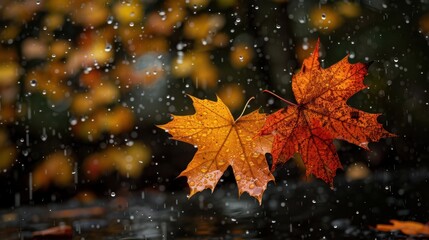autumn leaves in rainy autumnal outdoors environment