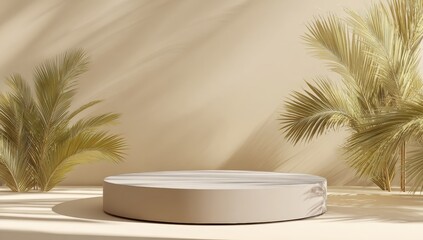 Obraz premium Beige podium with palm leaves in sunlit room