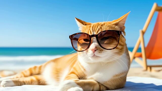 Cool Ginger Cat Wearing Sunglasses Lounges on Sandy Beach