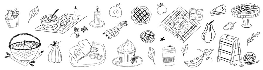 Autumn silhouette food whimsical clipart hand drawn crayon texture. Food autumn with pumpkin, stairs and basket.