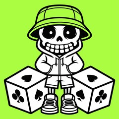 Cool Skeleton Mascot Character with Dice, Casual Style, Green Background, Gambling Theme, Vector Illustration.