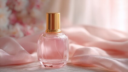 Pink perfume bottle on silk