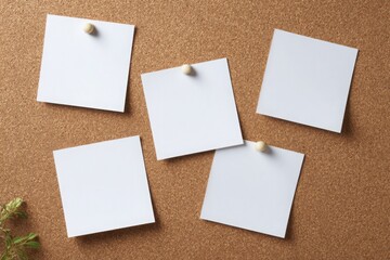 Empty white and brown sticky notes pinned on a corkboard for reminders, planning, organization, or creative workspace concepts.