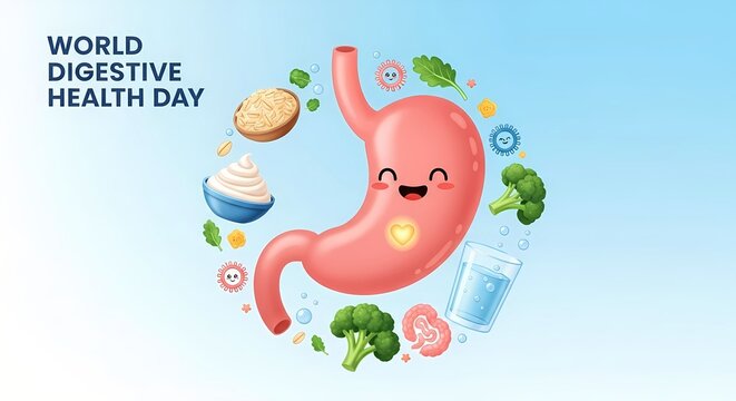 World digestive health day celebration with happy stomach cartoon surrounded by healthy food and drink elements for educational awareness