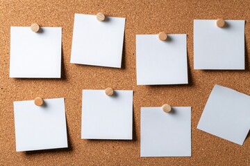 Empty white and brown sticky notes pinned on a corkboard for reminders, planning, organization, or creative workspace concepts.
