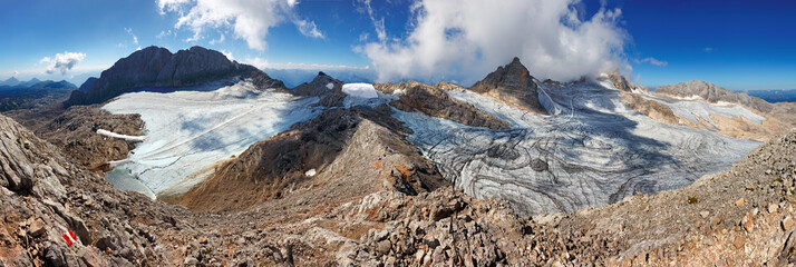 Panorama of Dachstein glacier in Austria Alps. Nice mountain landscape.  The plateau is the best place for skiing,  Styria.