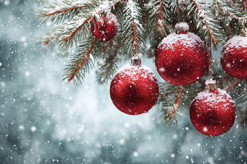 Naklejka premium Red ornaments snow covered pine tree branch winter holiday scene