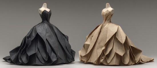Two origami gowns, black and beige