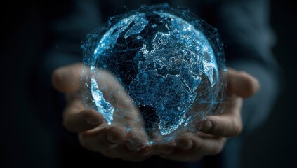 A digital representation of Earth held within cupped hands