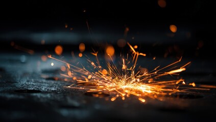 Sparkling fire bursts on dark surface