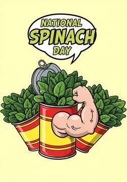 National spinach day celebration with cartoon popeye style arm and cans of spinach for print design