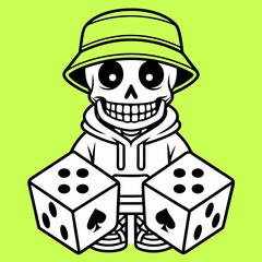 Cartoon Skeleton Gambler in Bucket Hat Holding Dice:  Playful, Trendy, Vector Illustration.