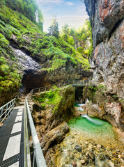 Rocks, bridges and watercourses in the Almbachklamm in the Berchtesgadener Land, Bavaria, Germany