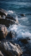 Waves crashing on rocky shoreline