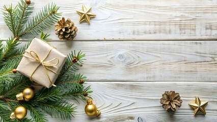 Elegant Christmas gift box with decorations on a rustic white wooden background