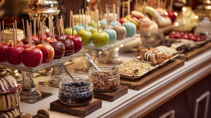 A candy apple bar with toppings station, staged for party content